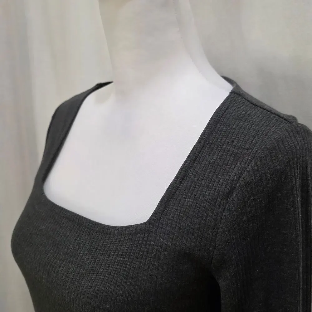 NWT Old Navy Long Sleeve Rib-Knit Bodysuit Square Neck, Dark Gray, Medium - Picture 2 of 6